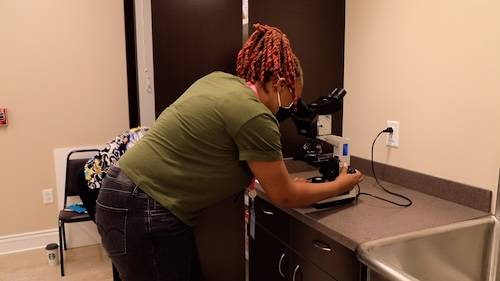 In the lab area, students practice a variety of skills related to gynecology and obstetrics