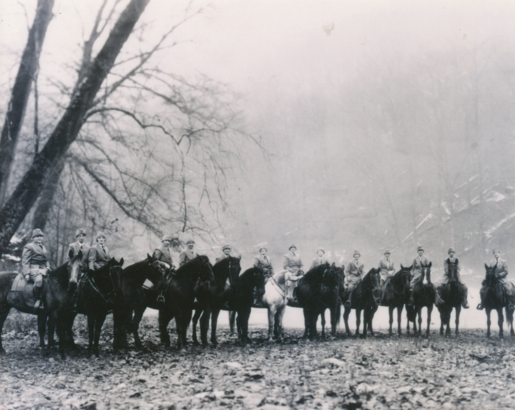 FNS nurses dressed in uniform sit on horses, lined up side by side in a misty forest with bare trees and a rocky ground.